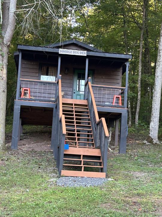 The Doodle Bug Den, a cabin with a long wooden staircase up to its porch